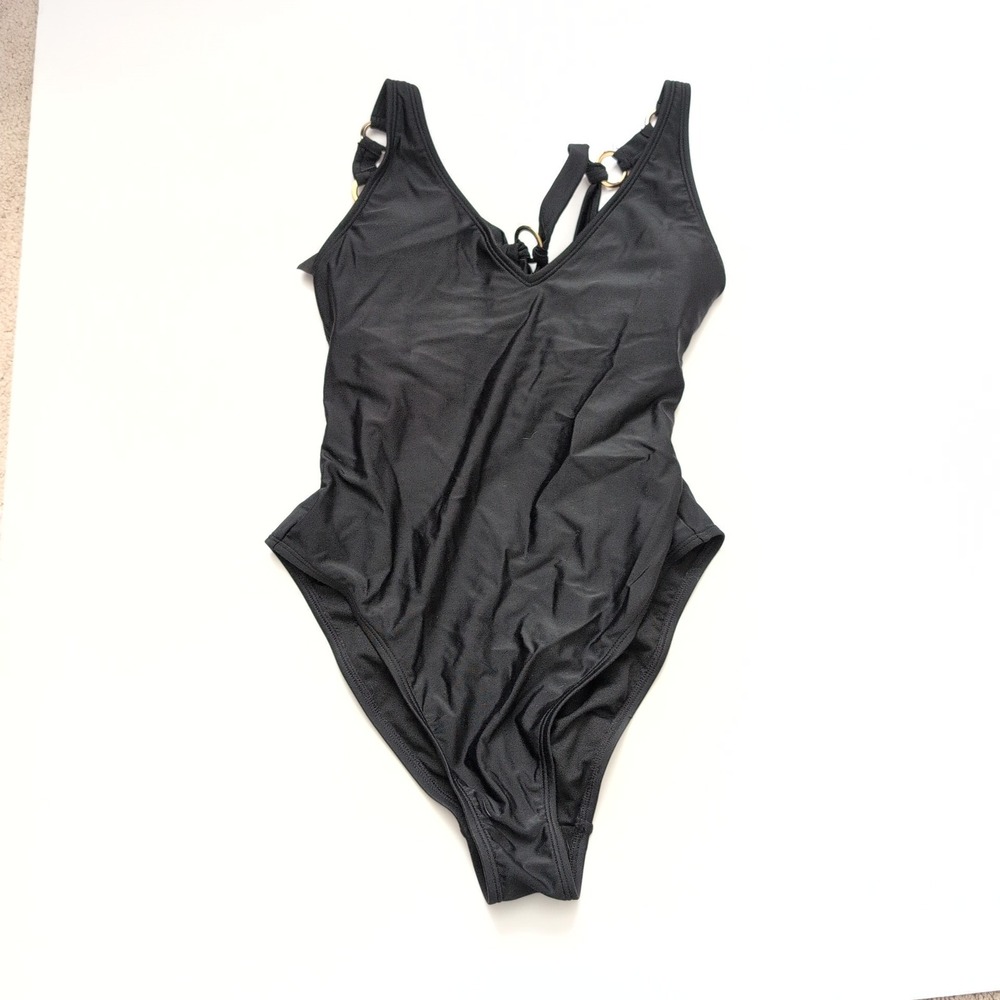 NWT Uncommon Sense Black One Piece Swimsuit Gold‎ Ring Detail Halter Neck Medium